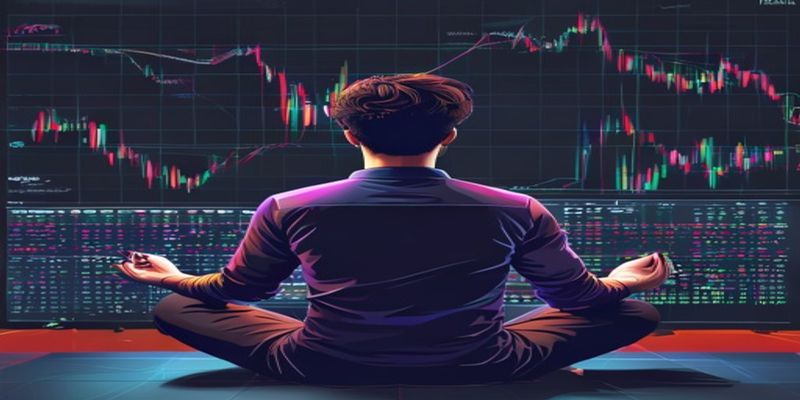 trader meditating before a trading session with charts in background